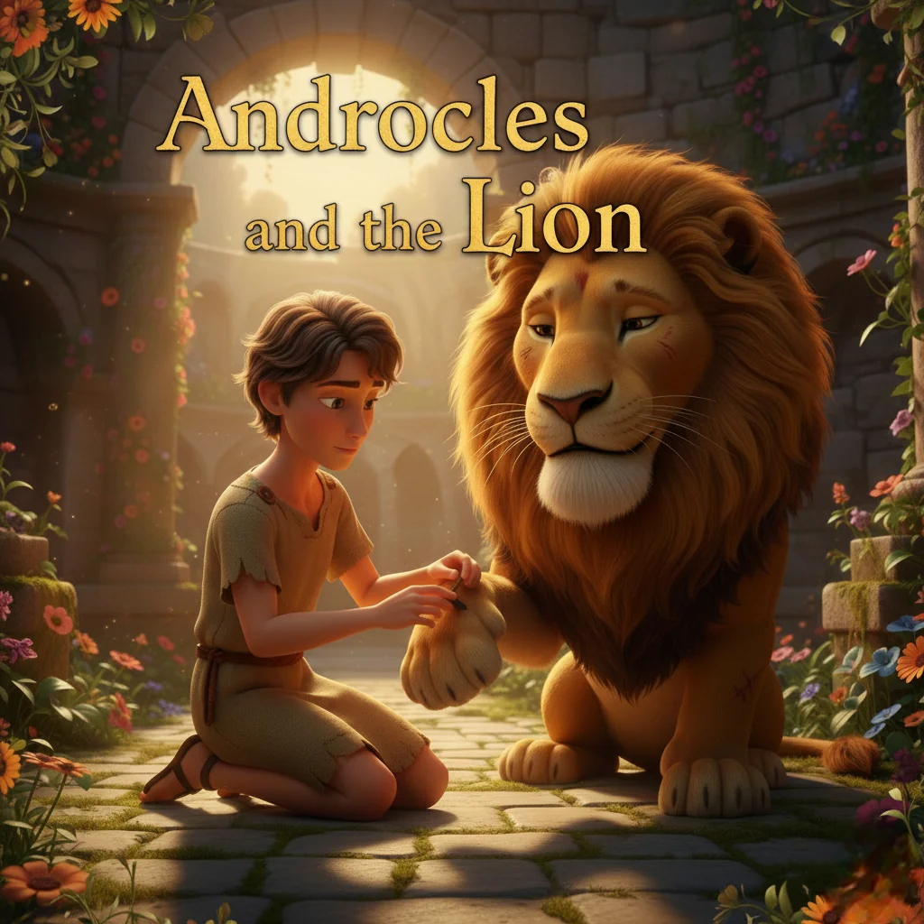 Friendship fable storybook cover for Androcles and the Lion - Kindness and gratitude classic tale