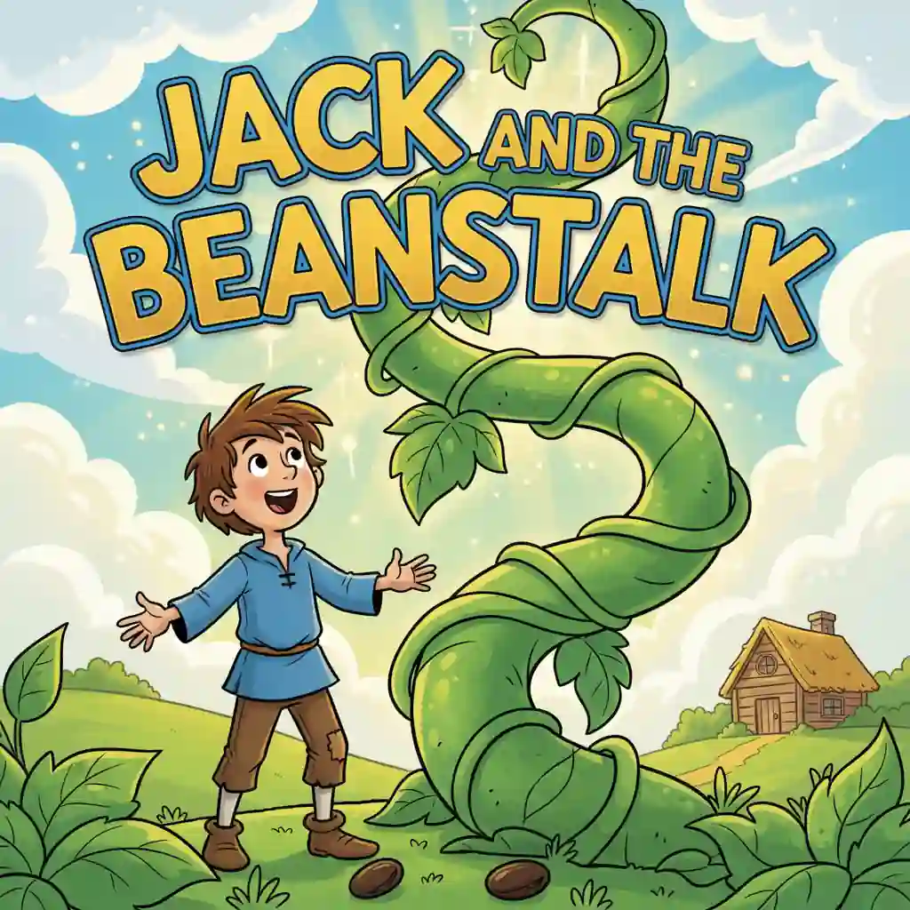 Classic fairy tale storybook cover for Jack and the Beanstalk - Giant adventure with magic beans