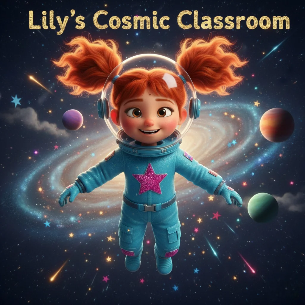 Educational space storybook cover for Lily's Cosmic Classroom - Children's space exploration and learning adventure