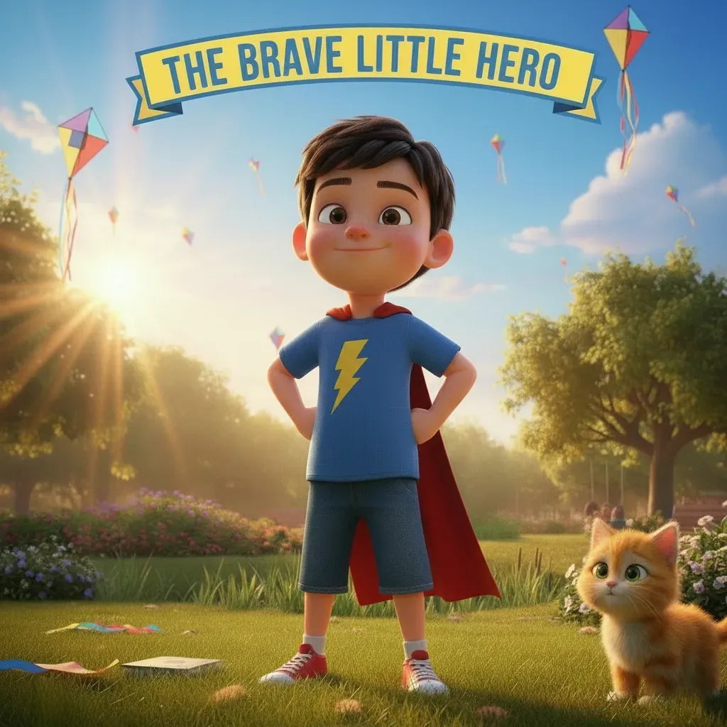 Fantasy adventure storybook cover for The Brave Little Hero - Courageous young hero on epic quest